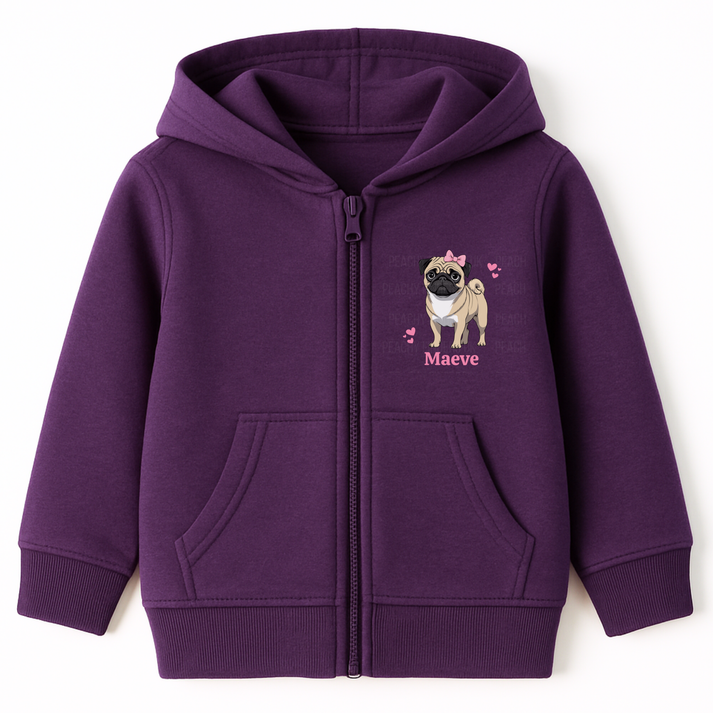 Girls purple zip-up hoodie featuring a cute pug graphic with a pink bow and hearts, personalised with the name ‘Maeve’ printed underneath