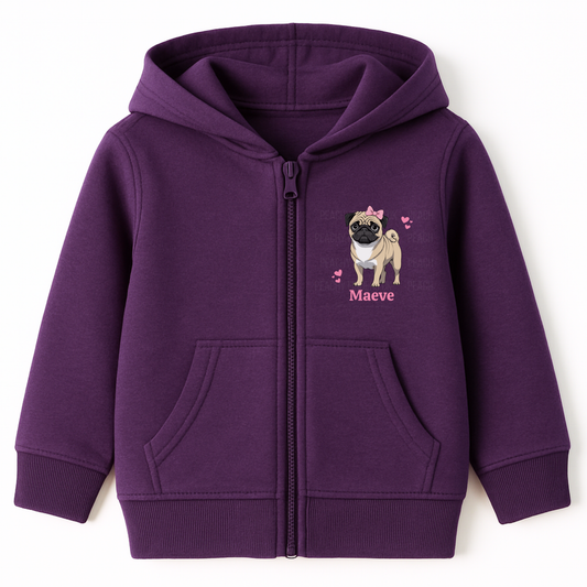 Girls purple zip-up hoodie featuring a cute pug graphic with a pink bow and hearts, personalised with the name ‘Maeve’ printed underneath