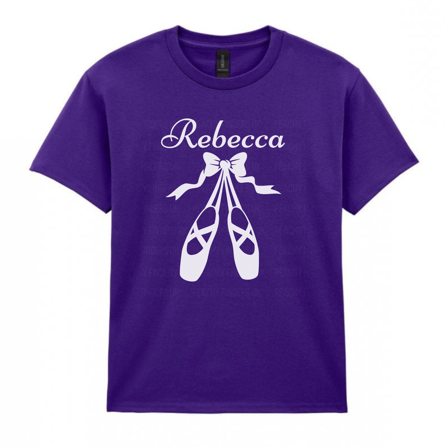 Girls purple cotton t-shirt featuring white ballet shoes and bow graphic with personalised name printed on the chest.