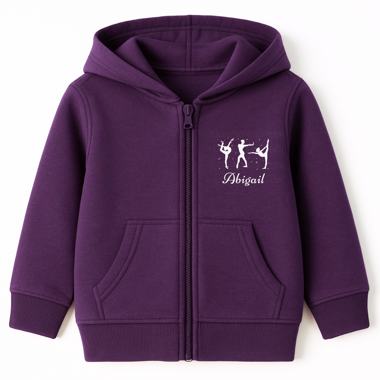 Girls purple zip hoodie with a three gymnast silhouettes striking poses with a personalised name underneath
