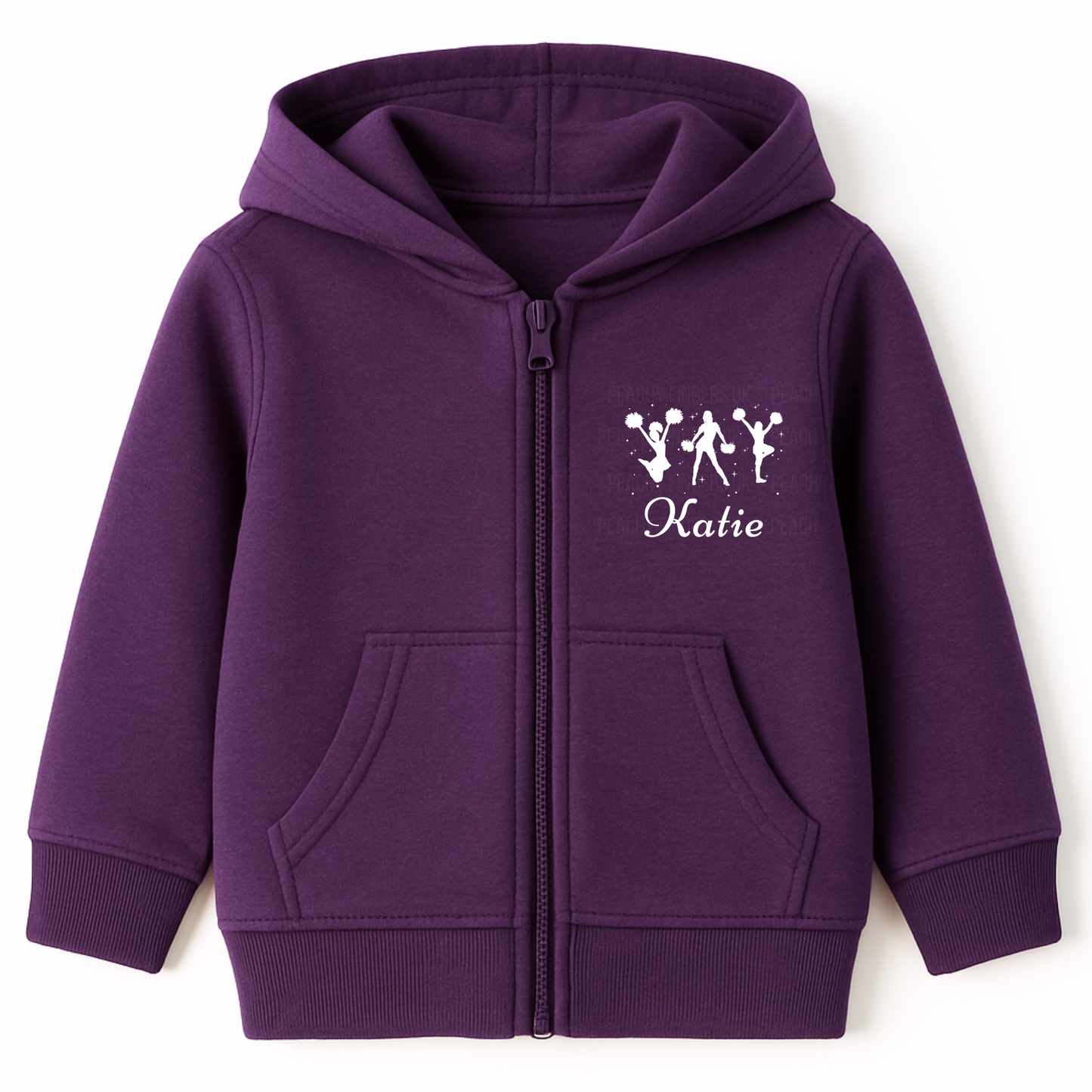 Girls purple personalised cheerleader zip hoodie with white cheer silhouettes and custom name print.