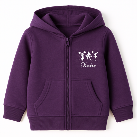 Girls purple personalised cheerleader zip hoodie with white cheer silhouettes and custom name print.