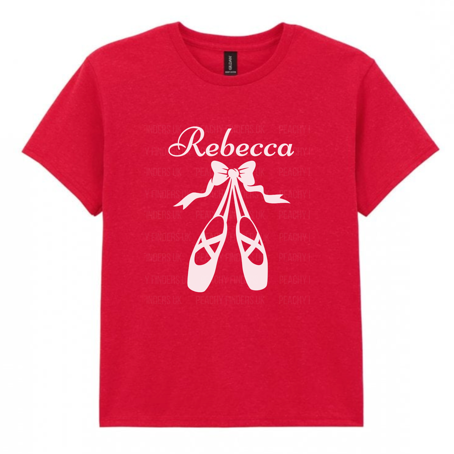 Girls red cotton t-shirt featuring white ballet shoes and bow graphic with personalised name printed on the chest.
