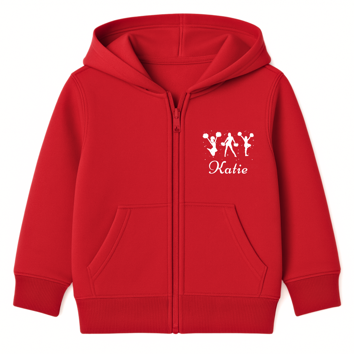 Girls red personalised cheerleader zip hoodie with white cheer silhouettes and custom name print.
