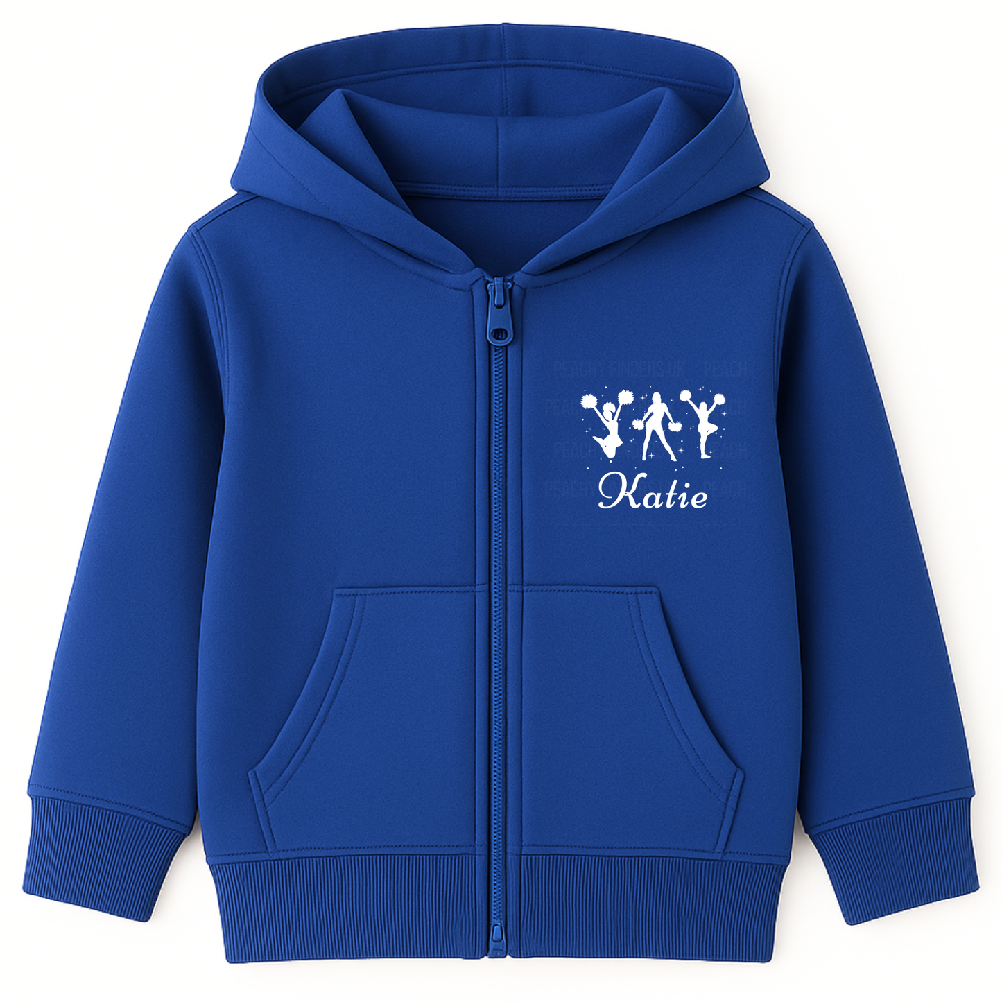 Girls royal blue personalised cheerleader zip hoodie with white cheer silhouettes and custom name print.