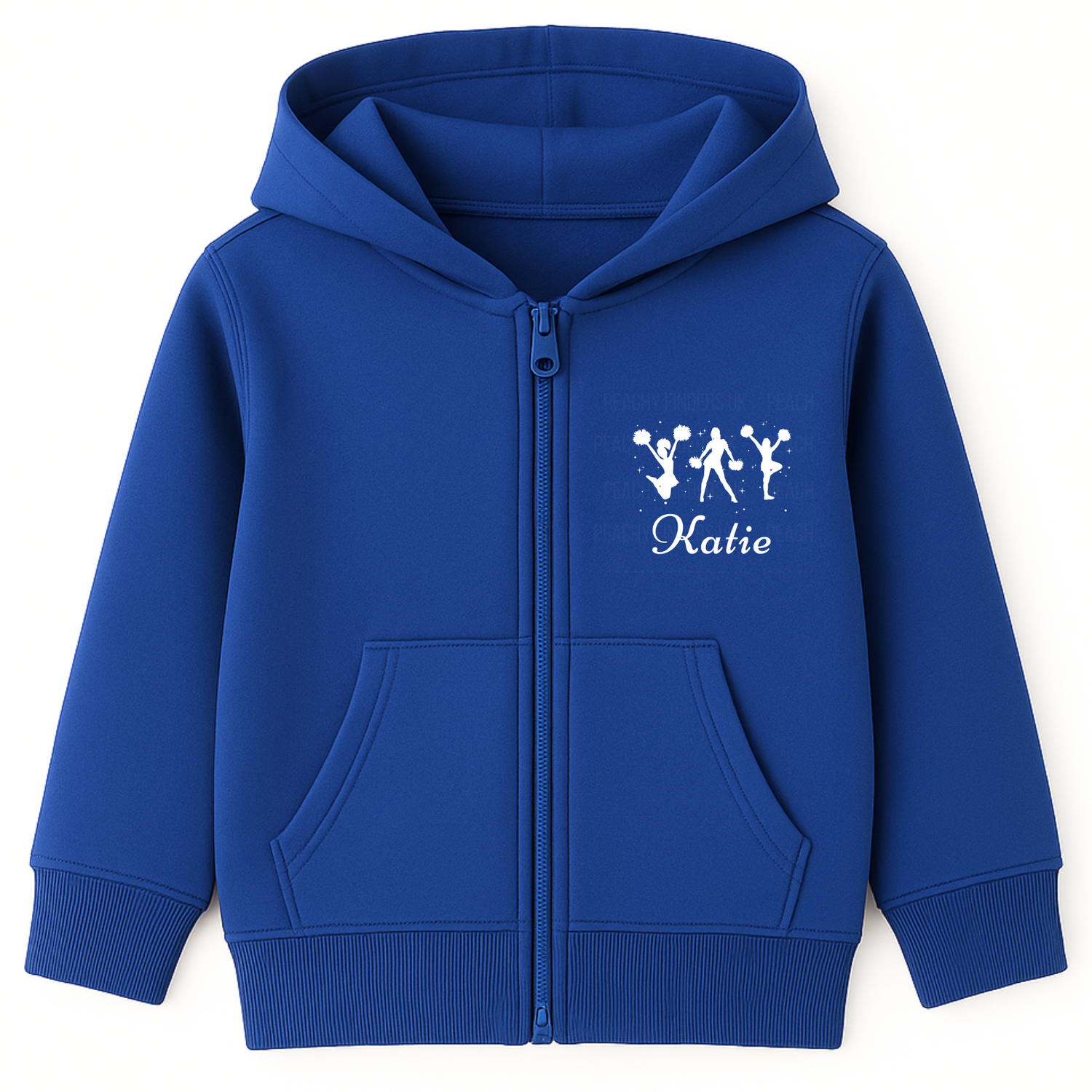 Girls royal blue personalised cheerleader zip hoodie with white cheer silhouettes and custom name print.
