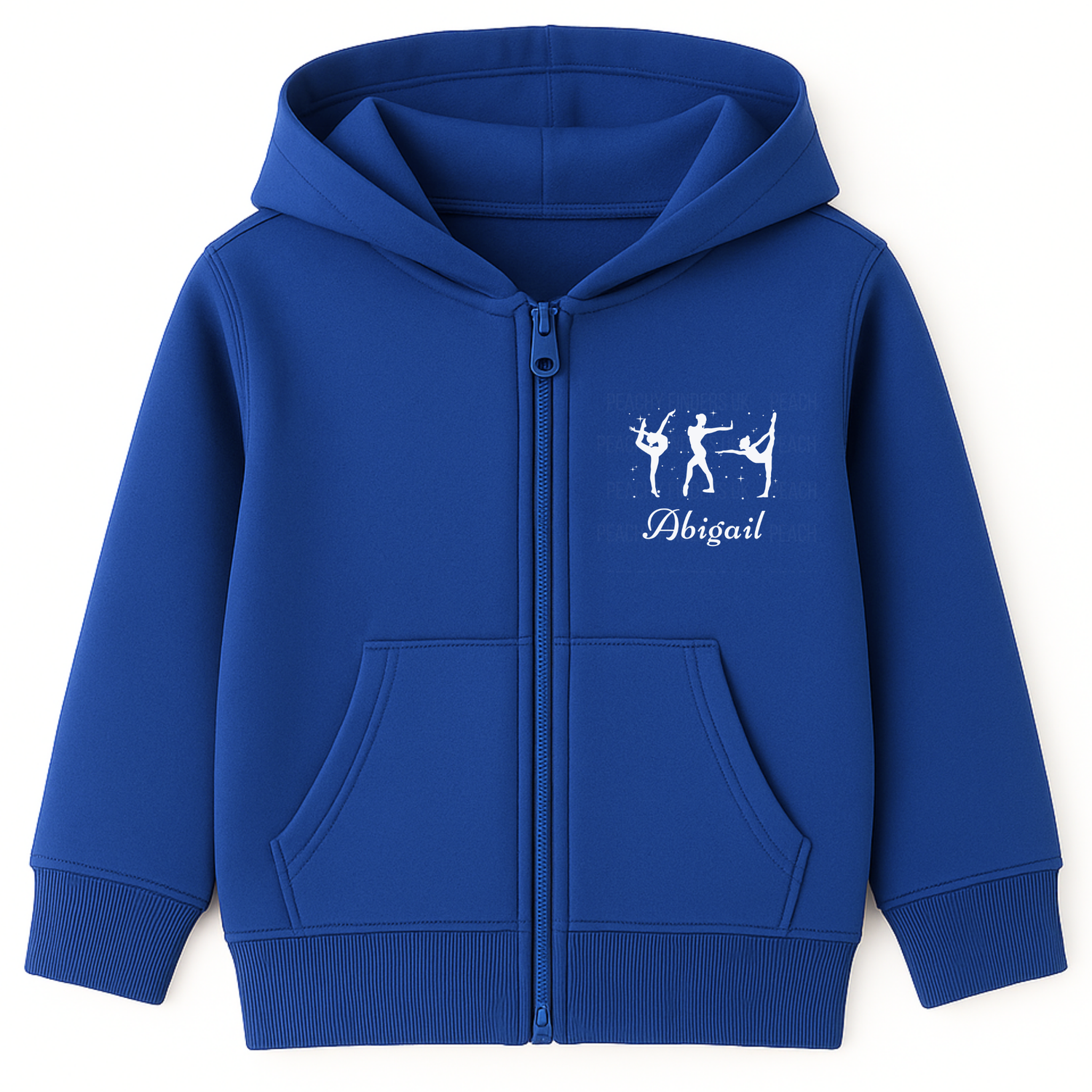 Girls royal blue zip hoodie with a three gymnast silhouettes striking poses with a personalised name underneath