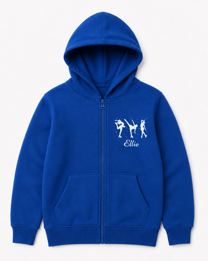 Girls royal blue zip-up hoodie featuring three white ice skater silhouettes with personalised name on the chest.