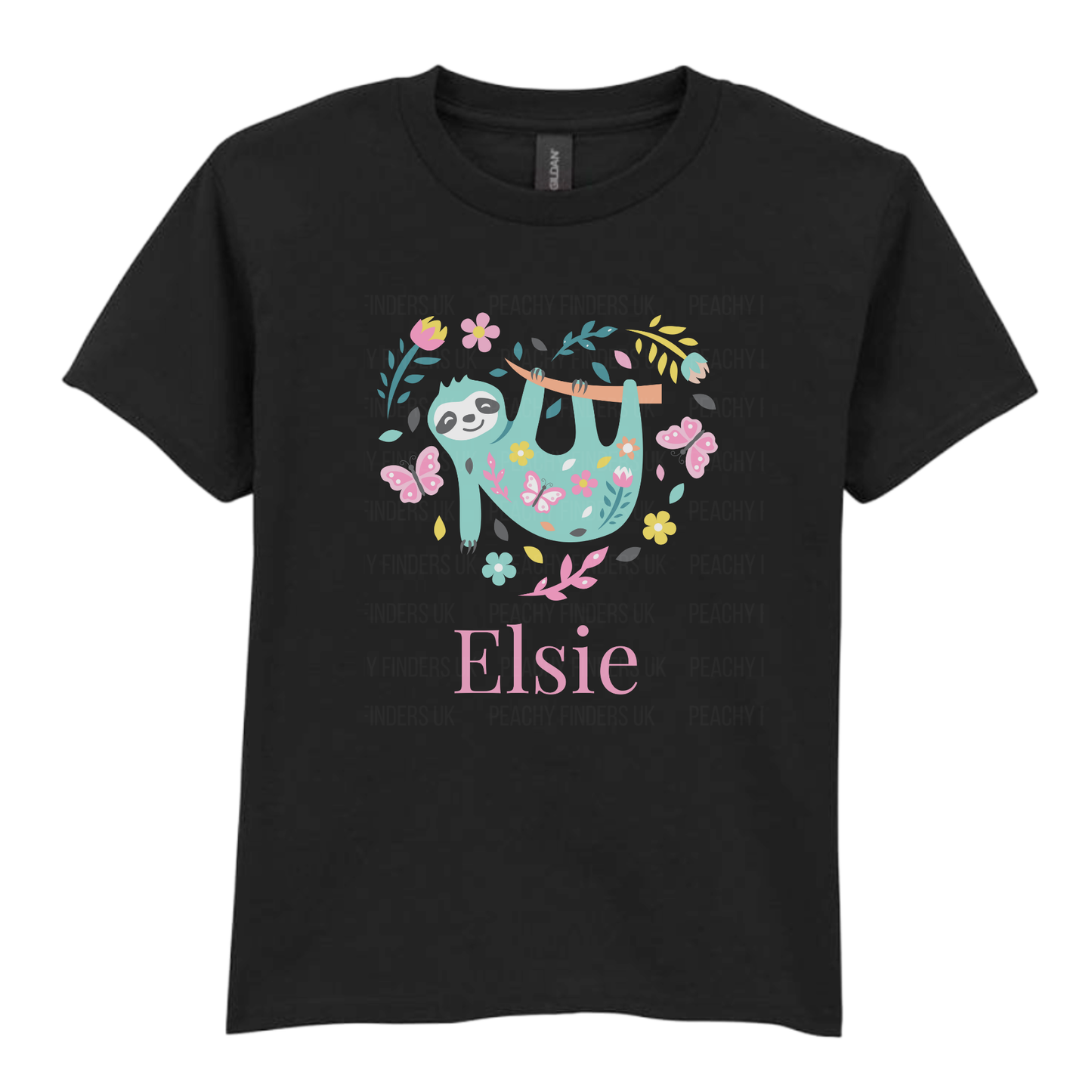 Girls black cotton t-shirt featuring a cute floral sloth hanging from a branch with heart shaped butterflies, and flowers personalised with the name Elsie.