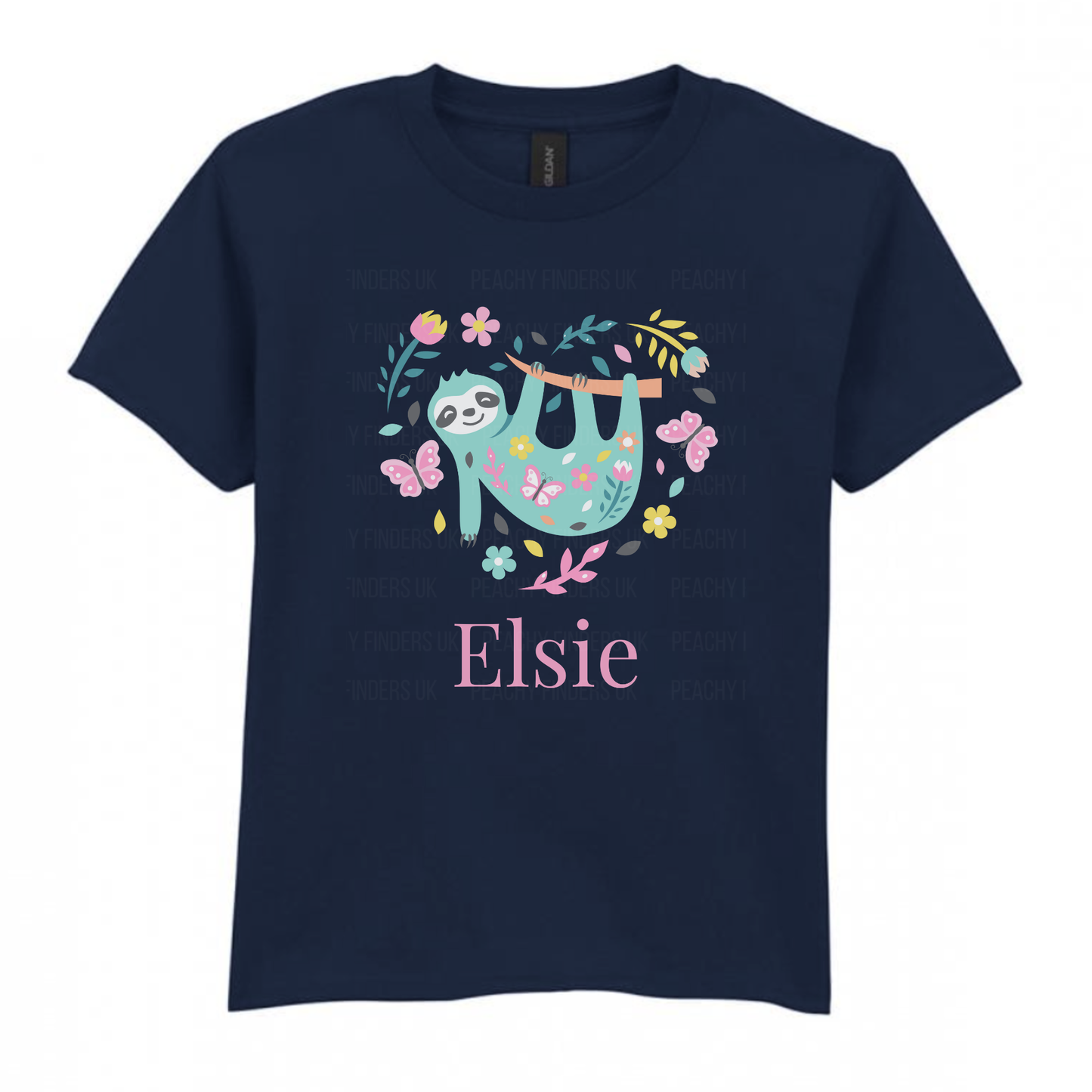 Navy girls t-shirt featuring a cute floral sloth hanging from a branch with heart shaped butterflies, and flowers personalised with the name Elsie.