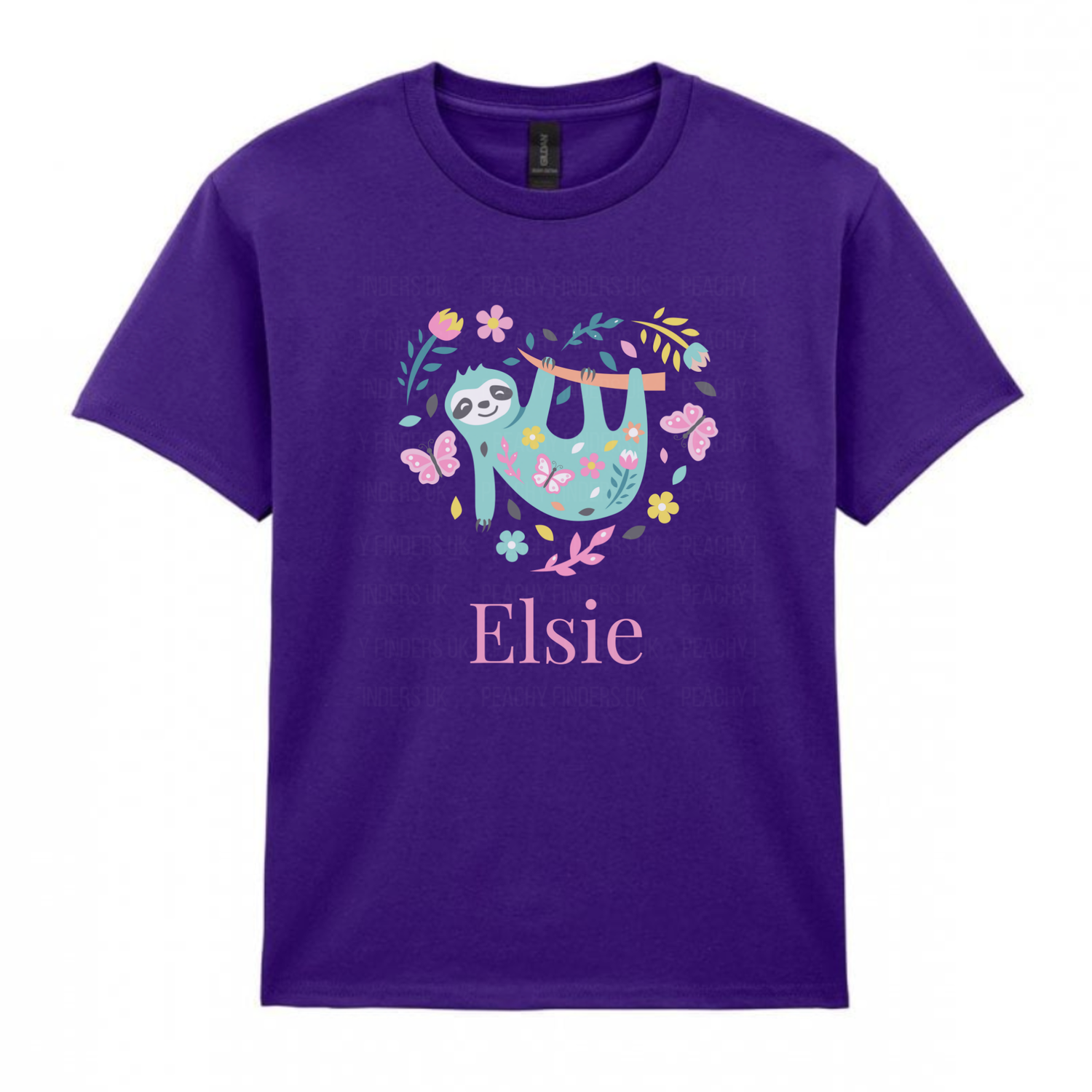 Purple girls t-shirt featuring a cute floral sloth hanging from a branch with heart shaped butterflies, and flowers personalised with the name Elsie.