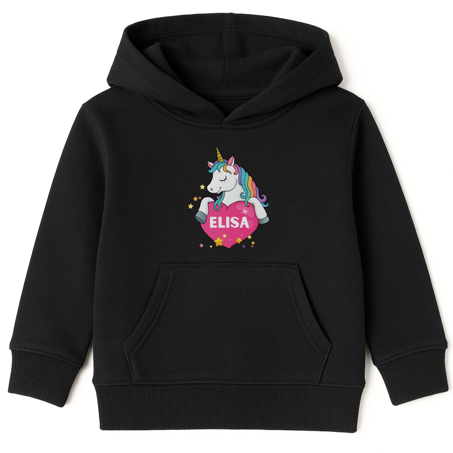 Girls black pullover hoodie featuring a rainbow-maned unicorn hugging a pink heart with a custom name inside and yellow stars around the design.