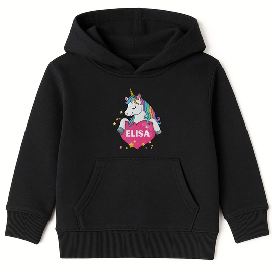 Girls black pullover hoodie featuring a rainbow-maned unicorn hugging a pink heart with a custom name inside and yellow stars around the design.