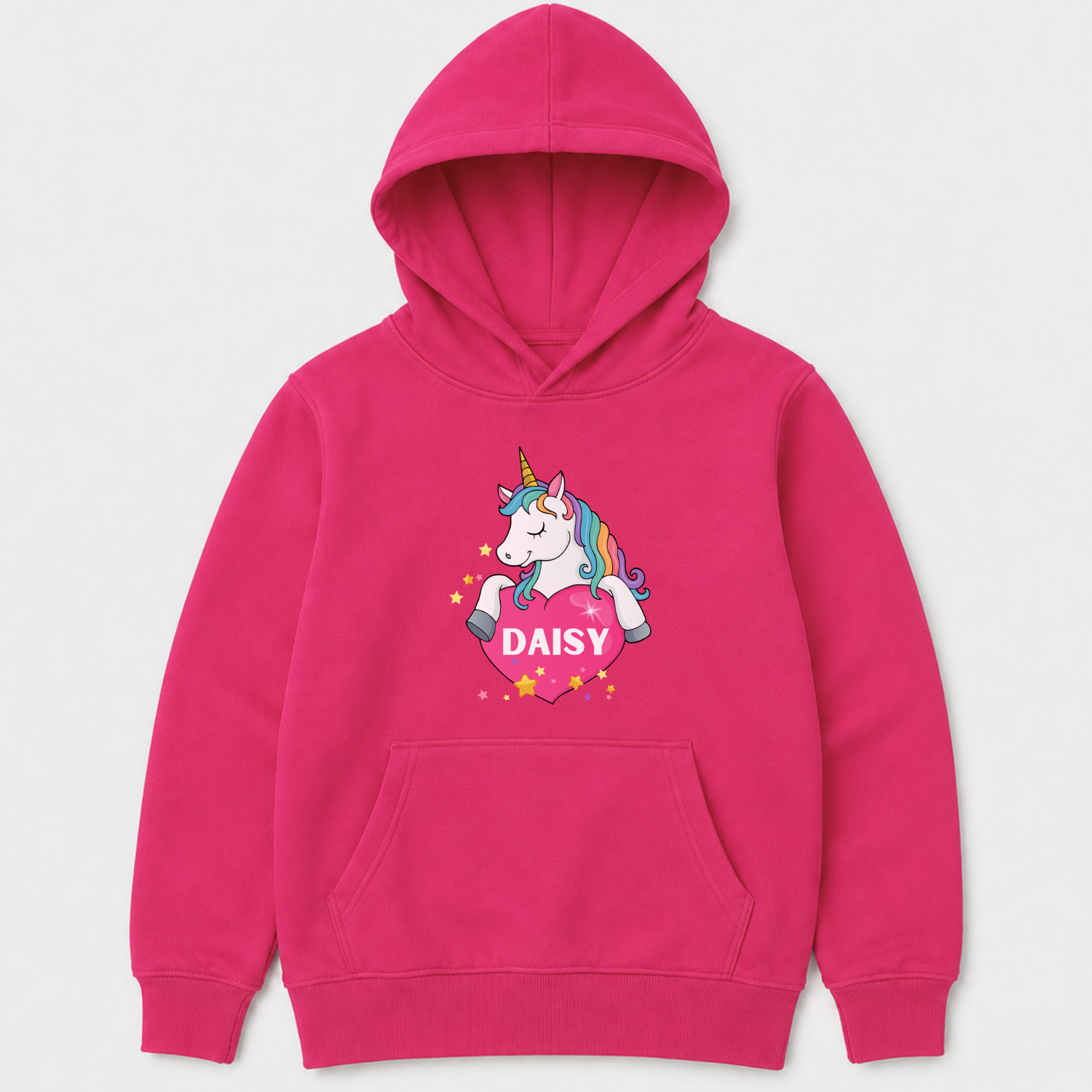 Hot pink personalised girls unicorn hoodie with rainbow mane, heart design and custom name Daisy on the front.