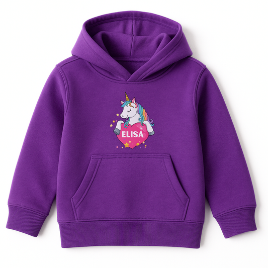 Girls purple pullover hoodie featuring a rainbow-maned unicorn hugging a pink heart with a custom name inside and yellow stars around the design.