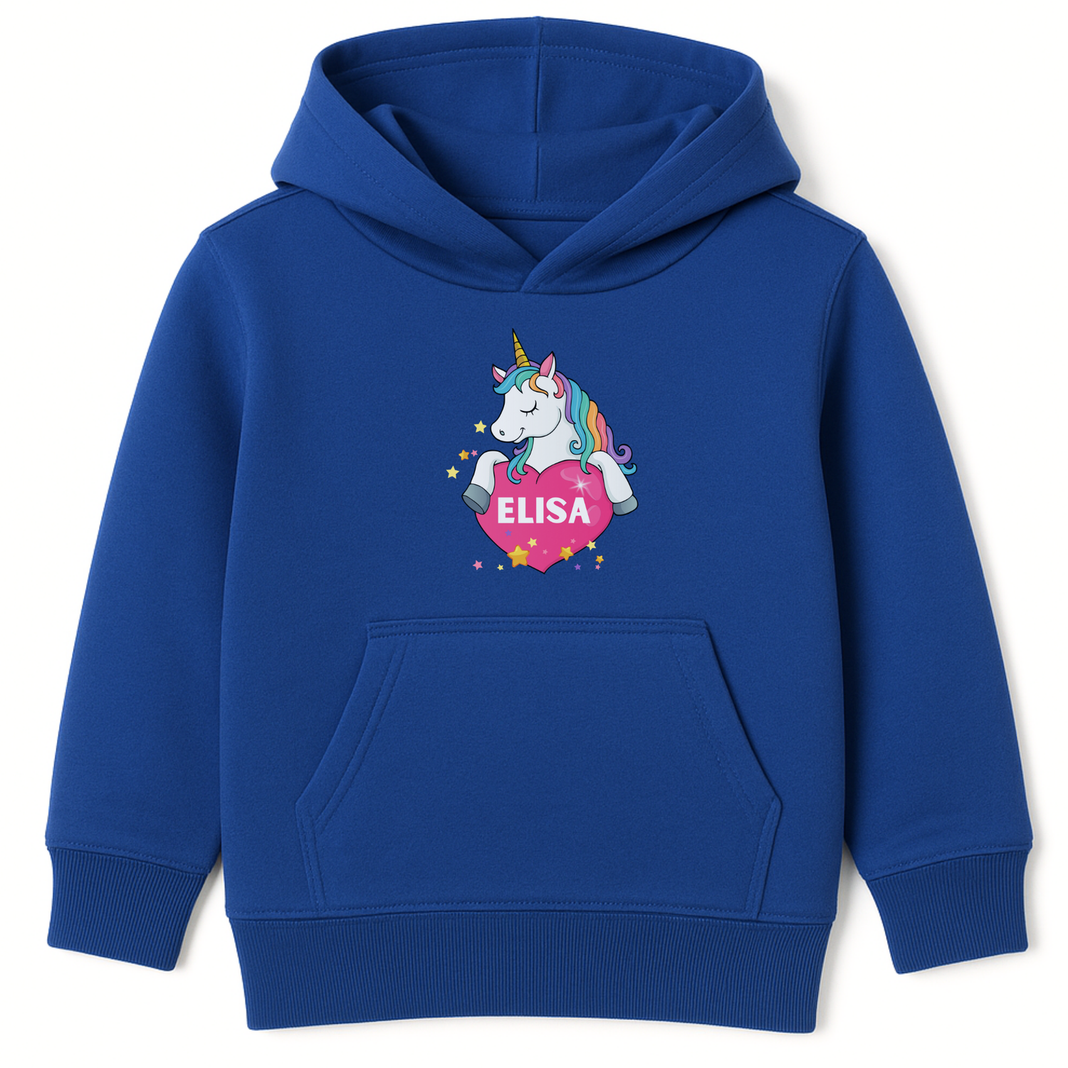 Girls royal blue pullover hoodie featuring a rainbow-maned unicorn hugging a pink heart with a custom name inside and yellow stars around the design.