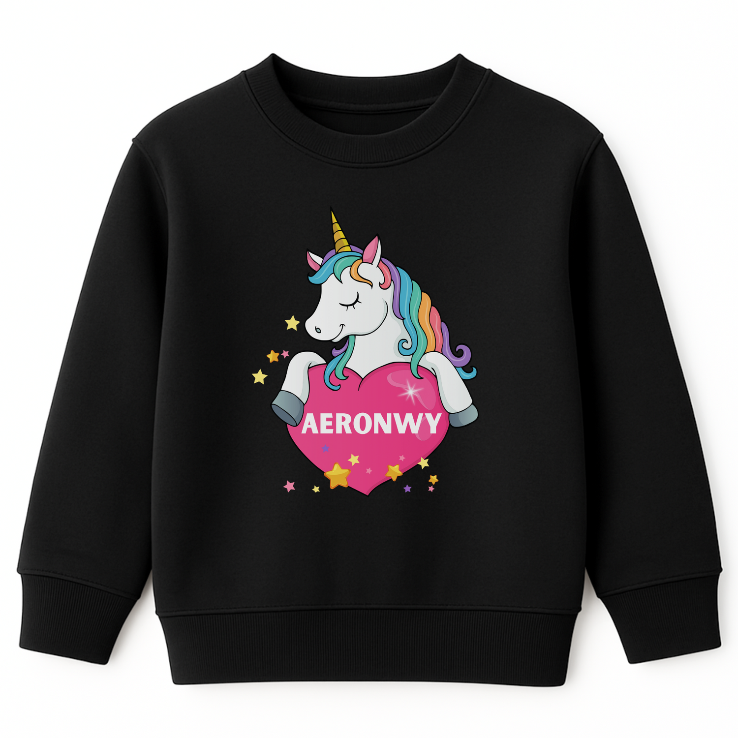Girls black sweatshirt featuring a colourful unicorn holding a pink heart with the custom name “Aeronwy” printed inside, surrounded by yellow and pink stars.