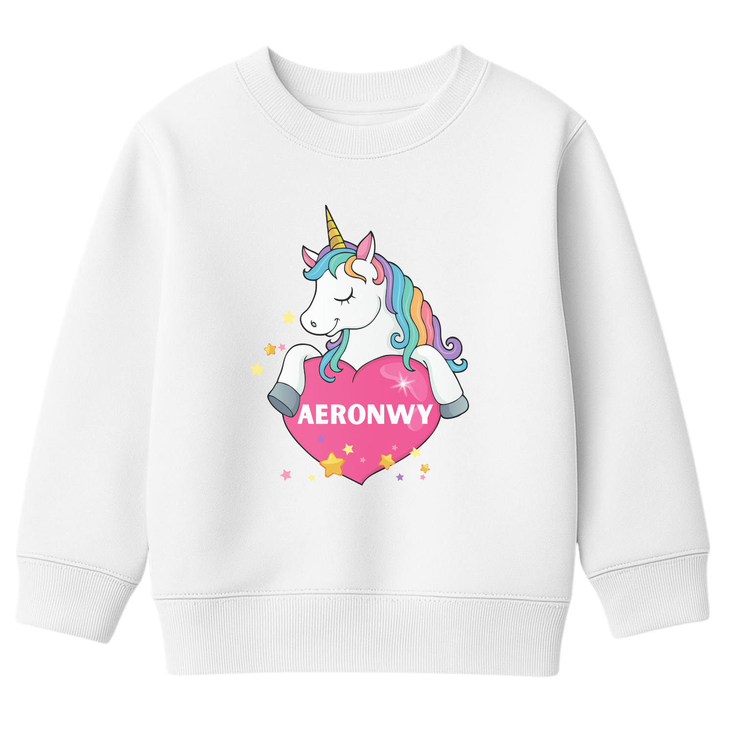 Girls white sweatshirt featuring a colourful unicorn holding a pink heart with the custom name “Aeronwy” printed inside, surrounded by yellow and pink stars.