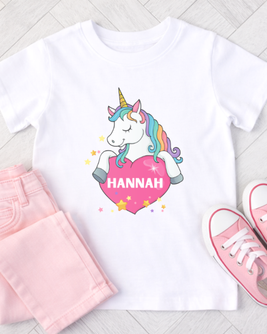 Personalised girls unicorn T-shirt flat lay with pink jeans and trainers outfit mockup