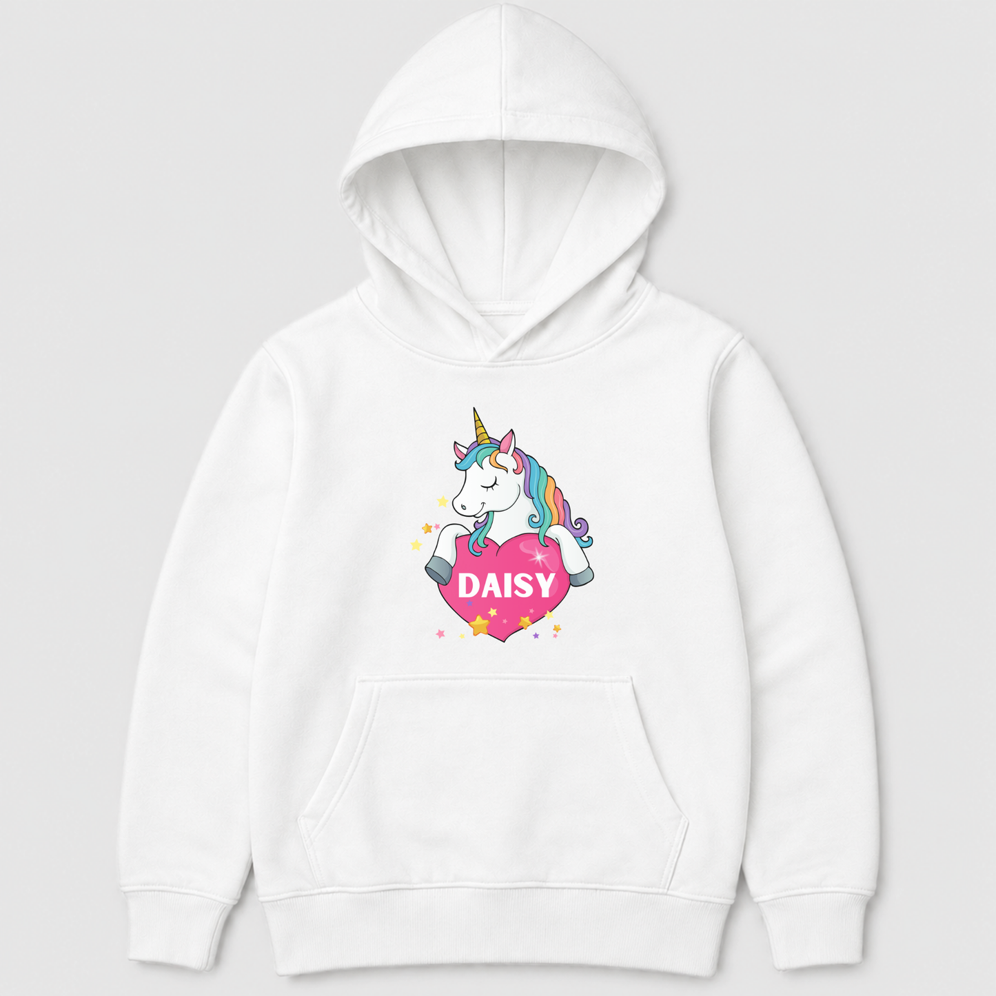 A girls-white pullover hoodie featuring a colourful cartoon unicorn graphic holding a pink heart with the name 'DAISY' printed on the front, set against a light grey background.