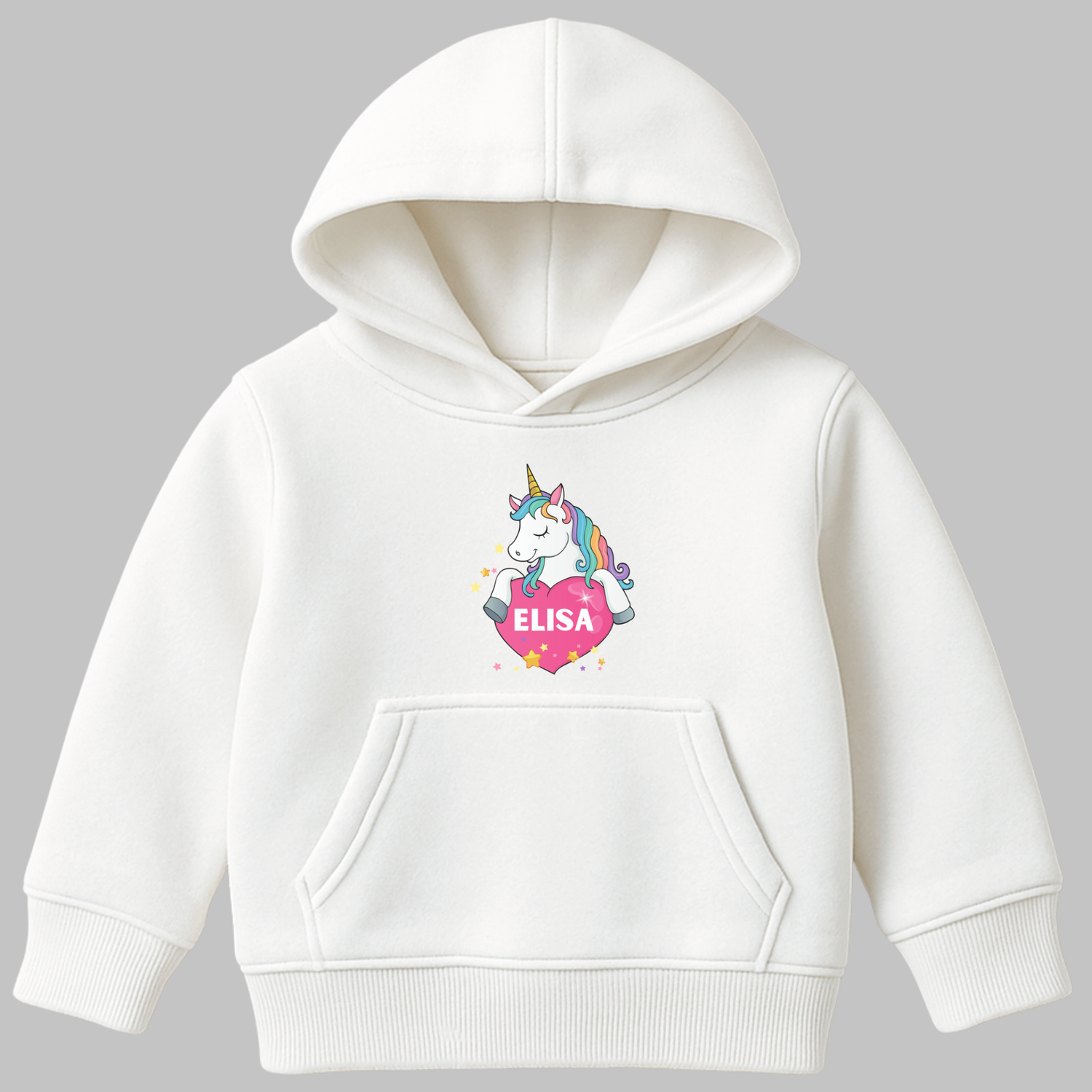 Girls white pullover hoodie featuring a rainbow-maned unicorn hugging a pink heart with a custom name inside and yellow stars around the design.