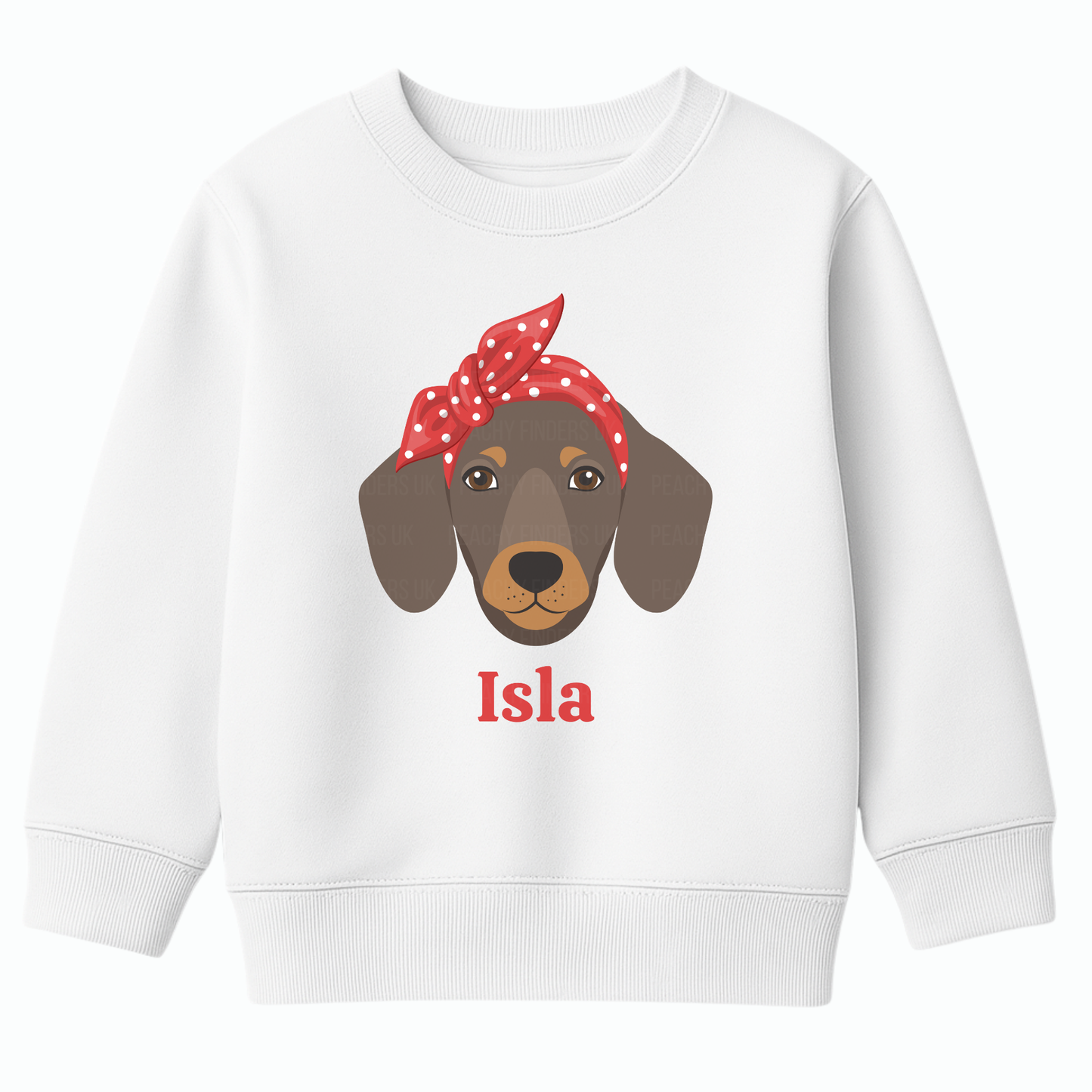 Girls personalised white sweatshirt with dachshund wearing red polka dot bandana and custom name