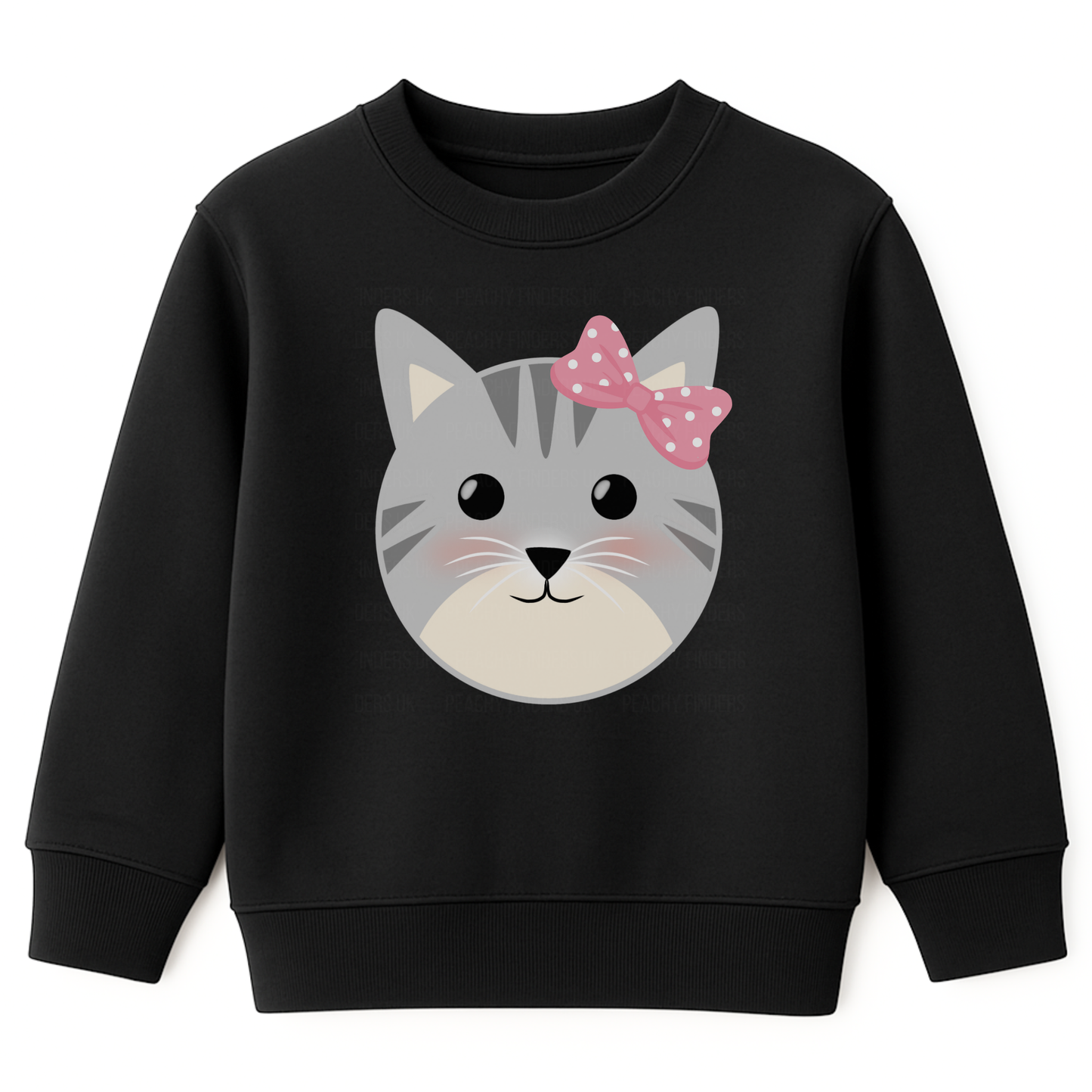 Girls black cute cat sweatshirt with grey kitten face and pink polka-dot bow on the front