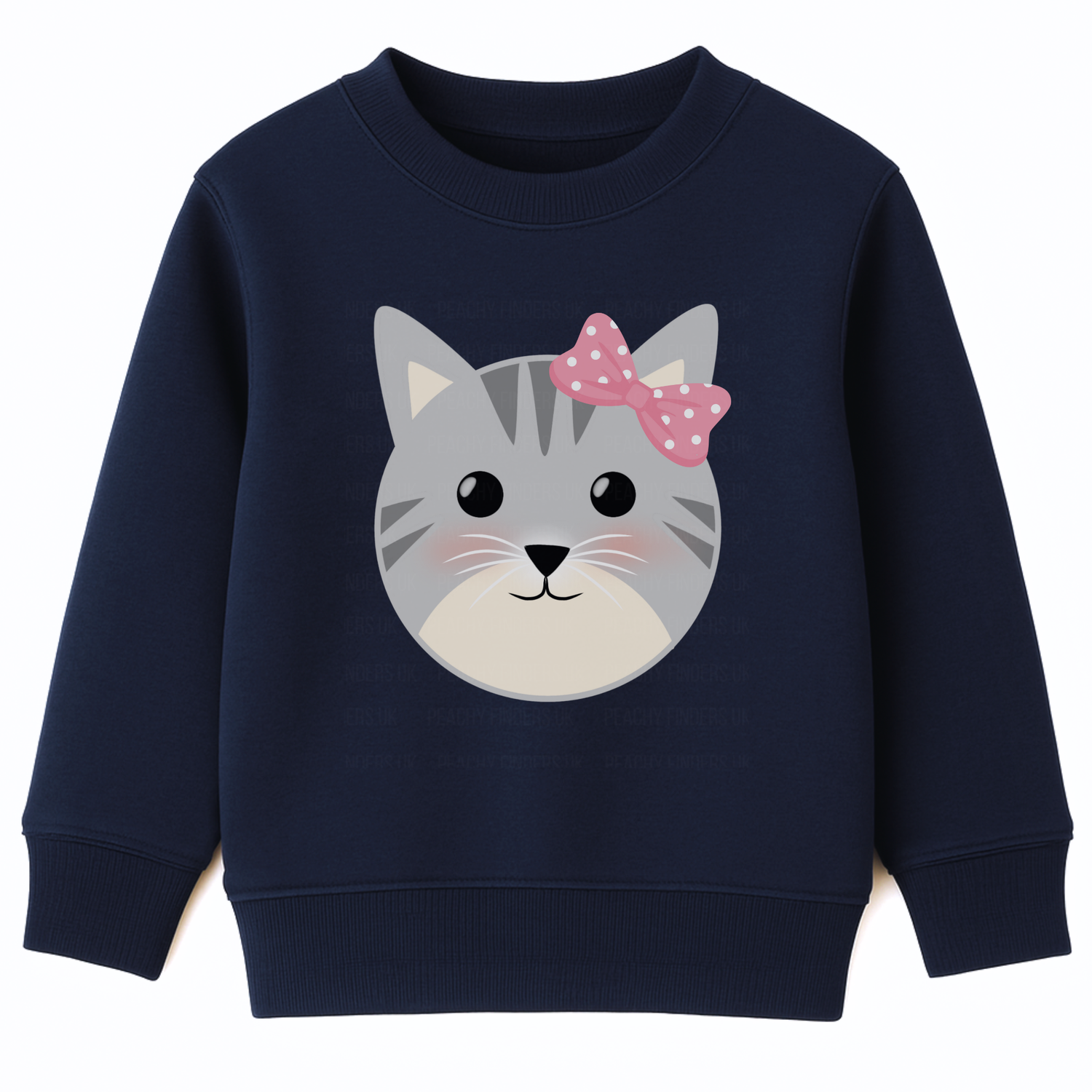 Girls navy cute cat sweatshirt with grey kitten face and pink polka-dot bow on the front