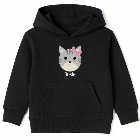 Girls black personalised hoodie with cute grey kitten face and pink bow, custom name printed on underneath on the front