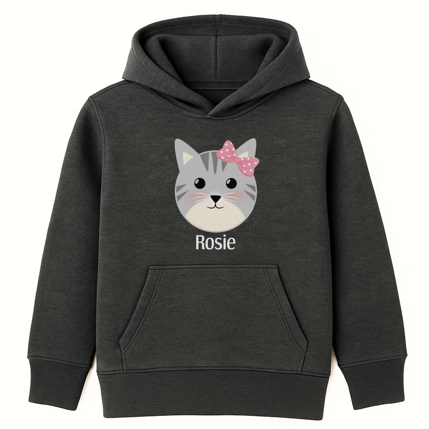 Girls charcoal grey personalised hoodie with cute grey kitten face and pink bow, custom name printed on underneath on the front