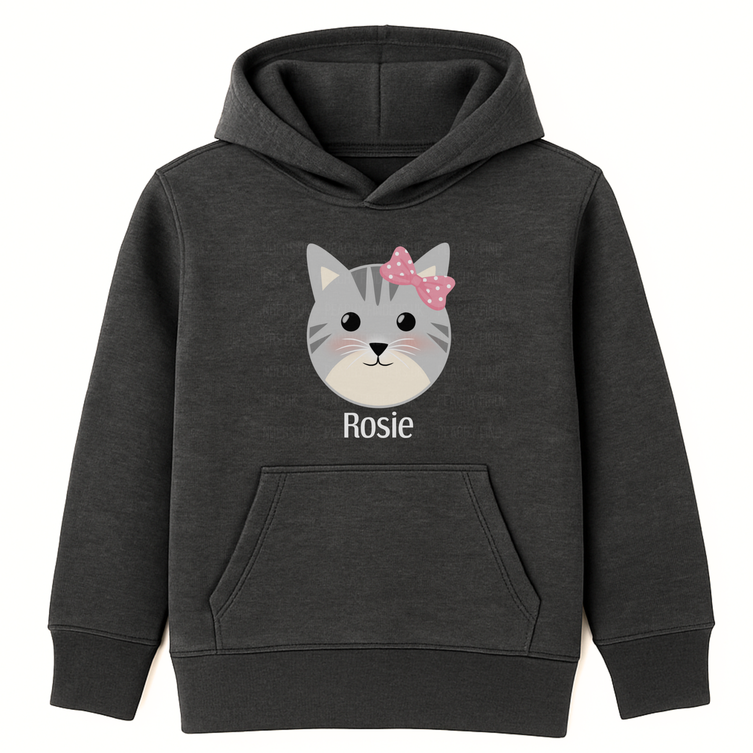 Girls charcoal grey personalised hoodie with cute grey kitten face and pink bow, custom name printed on underneath on the front