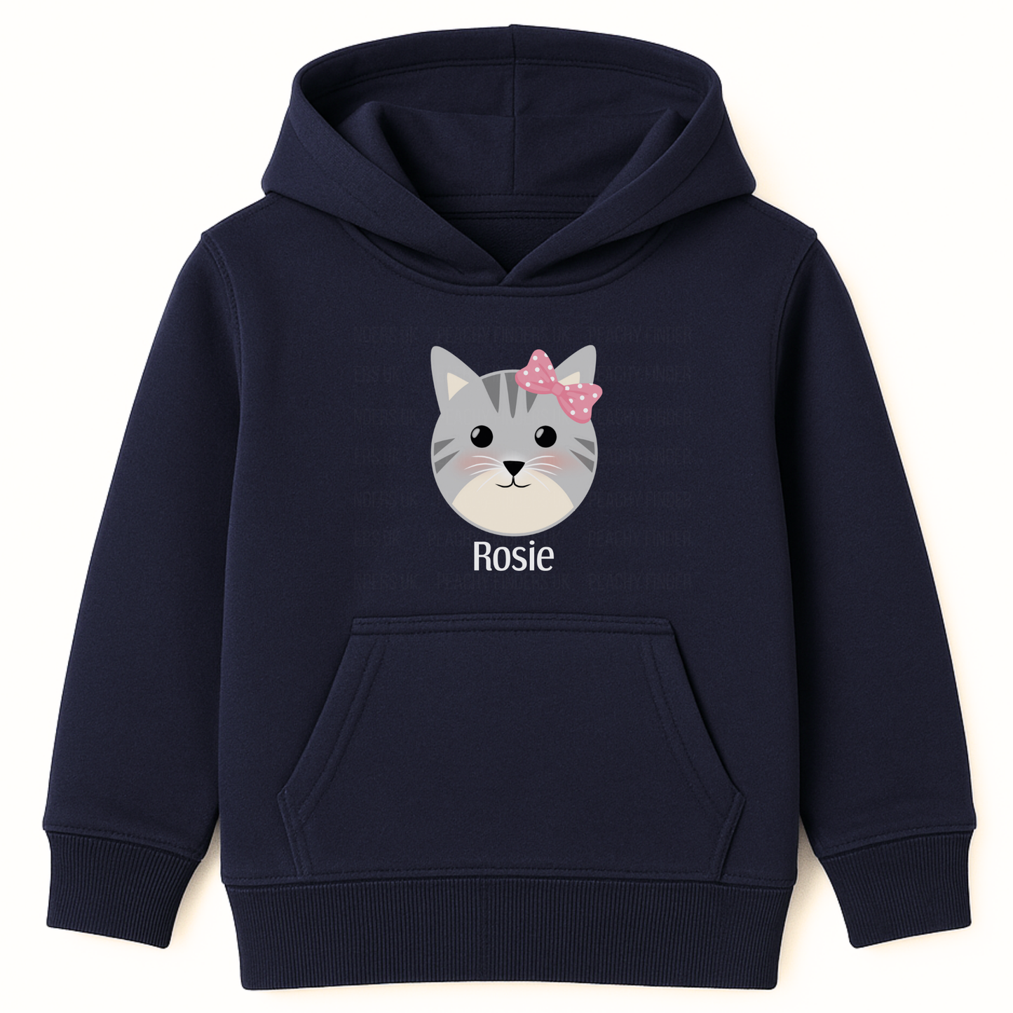 Girls navy personalised hoodie with cute grey kitten face and pink bow, custom name printed on underneath on the front