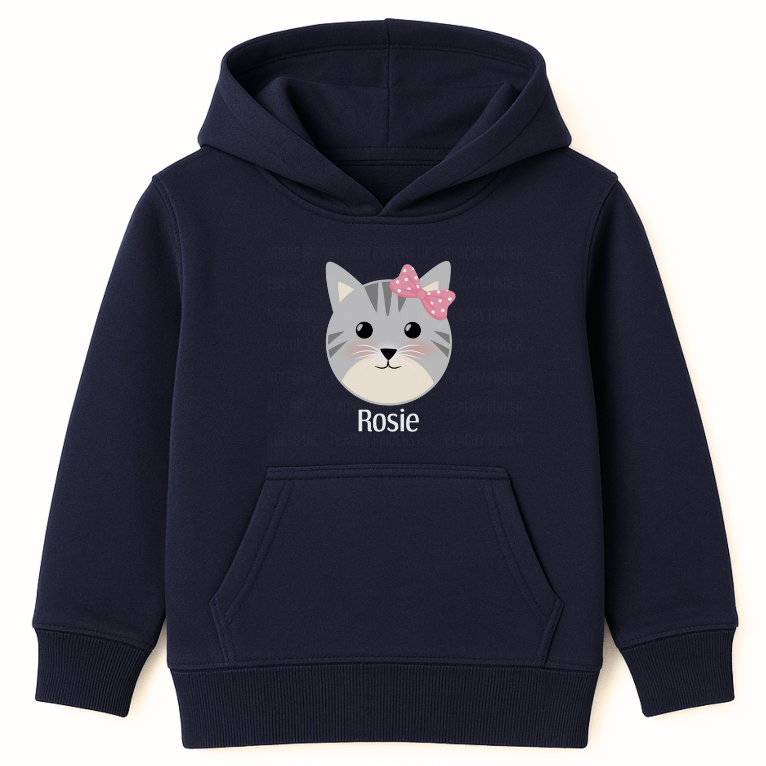 Girls navy personalised hoodie with cute grey kitten face and pink bow, custom name printed on underneath on the front