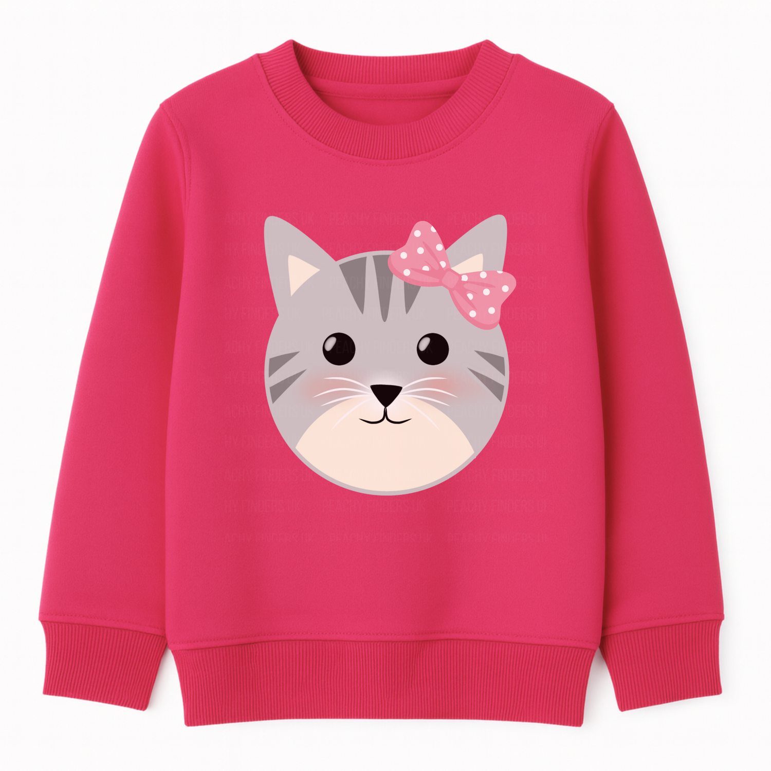 Girls hot pink cute cat sweatshirt with grey kitten face and pink polka-dot bow on the front