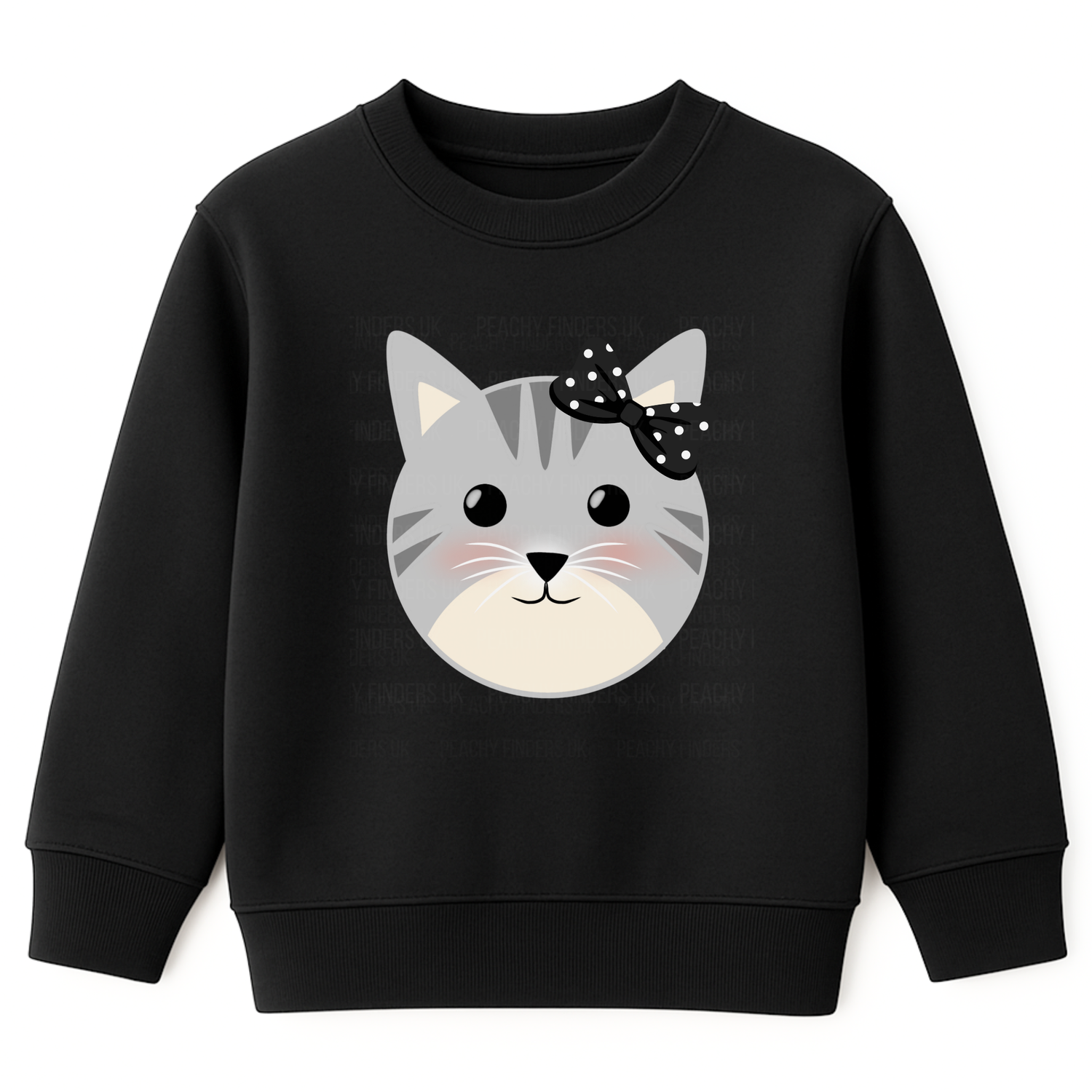 Girls black sweatshirt featuring a cute grey cat face with black polka-dot bow and blushing cheeks