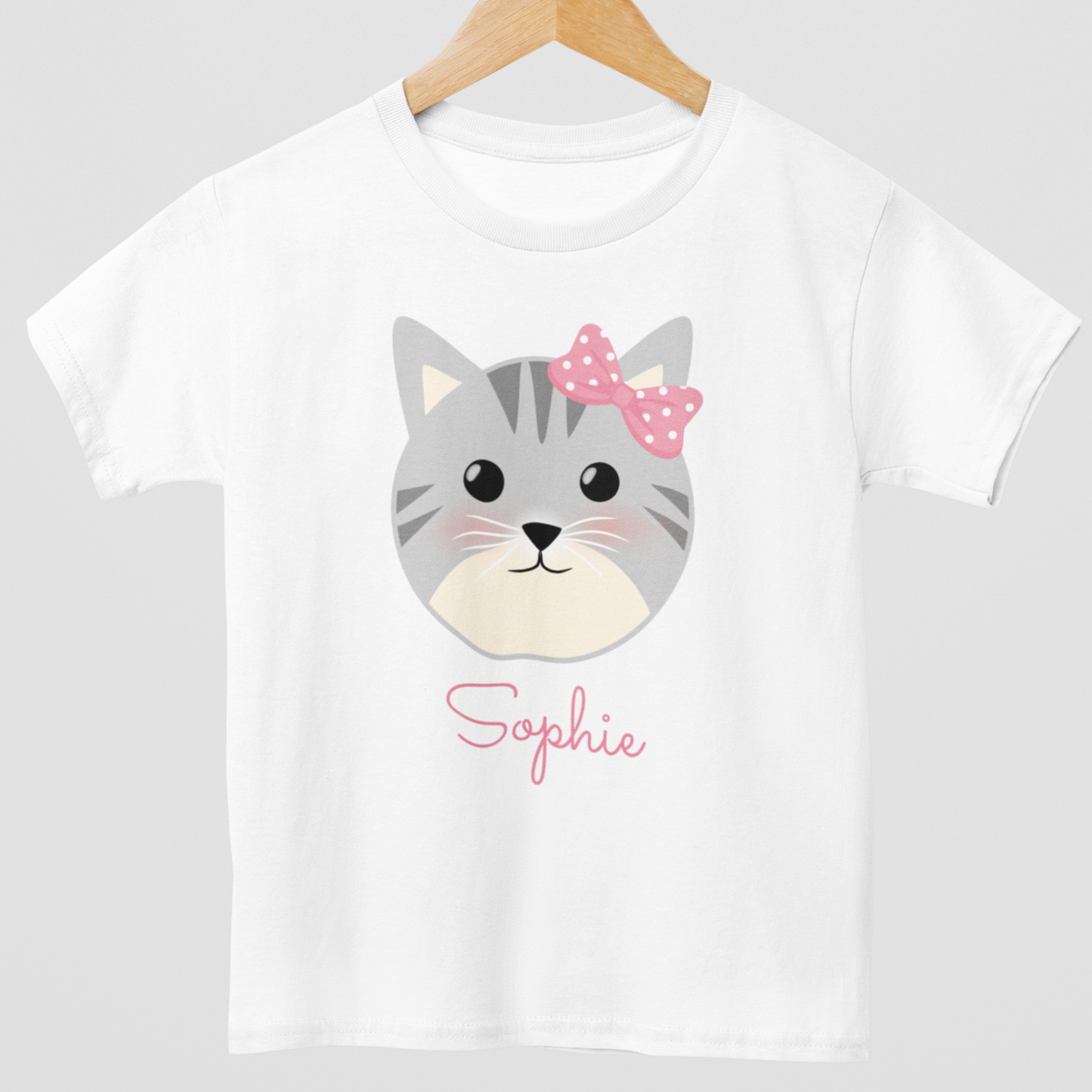 Girls Personalised Cat with Pink Bow T-shirt | 3 - 11 years