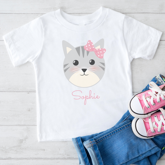 Girls Personalised Cat with Pink Bow T-shirt | 3 - 11 years