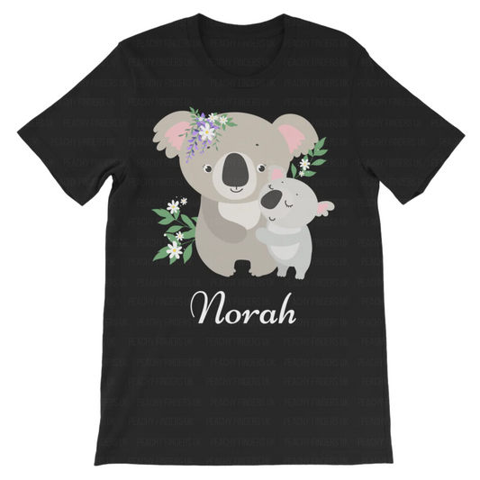 Girls black personalised t-shirt featuring a cute mother and baby koala with floral accents, custom name printed below.