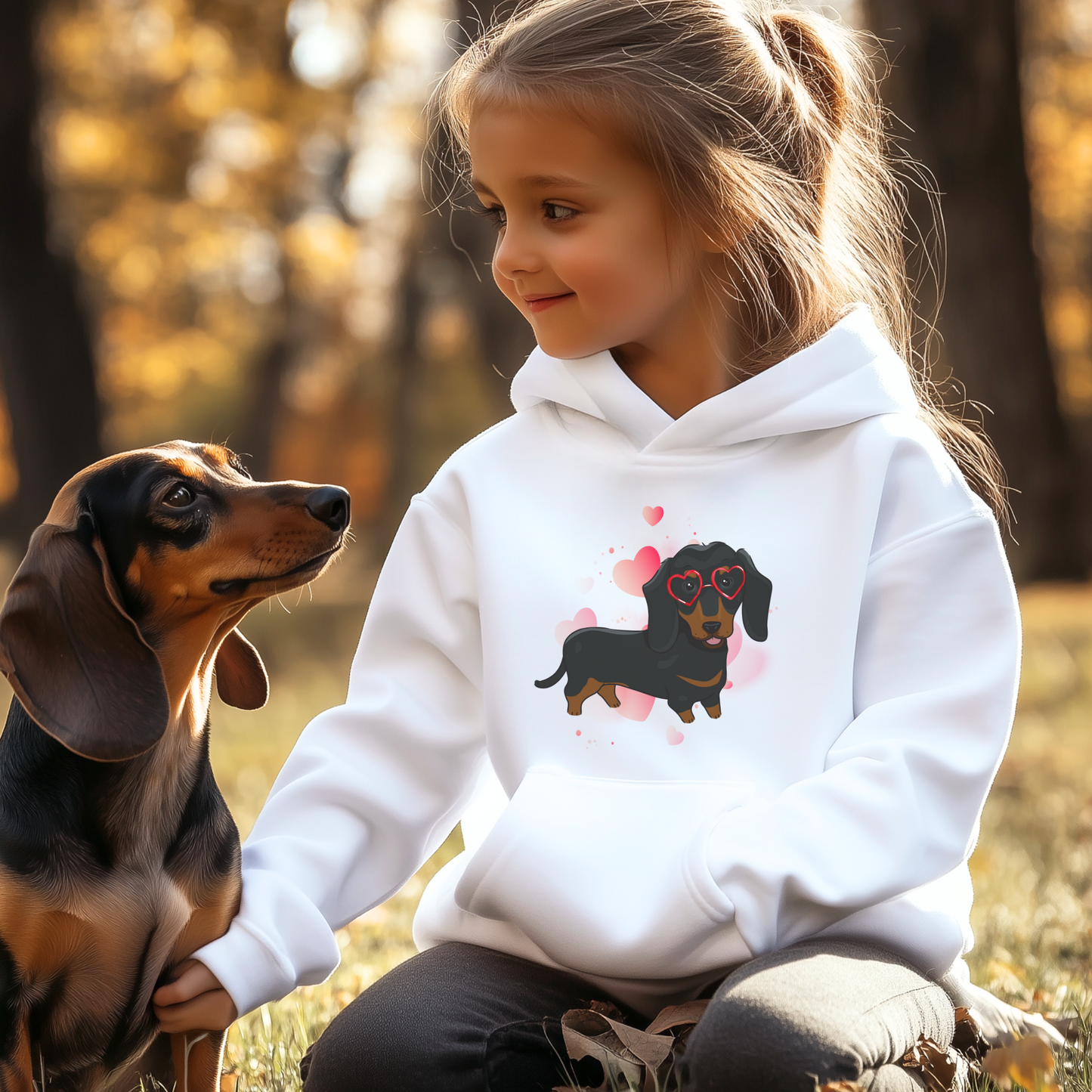 Dachshund & Hearts - Girls Pullover Hoodie | 3 - 13 years