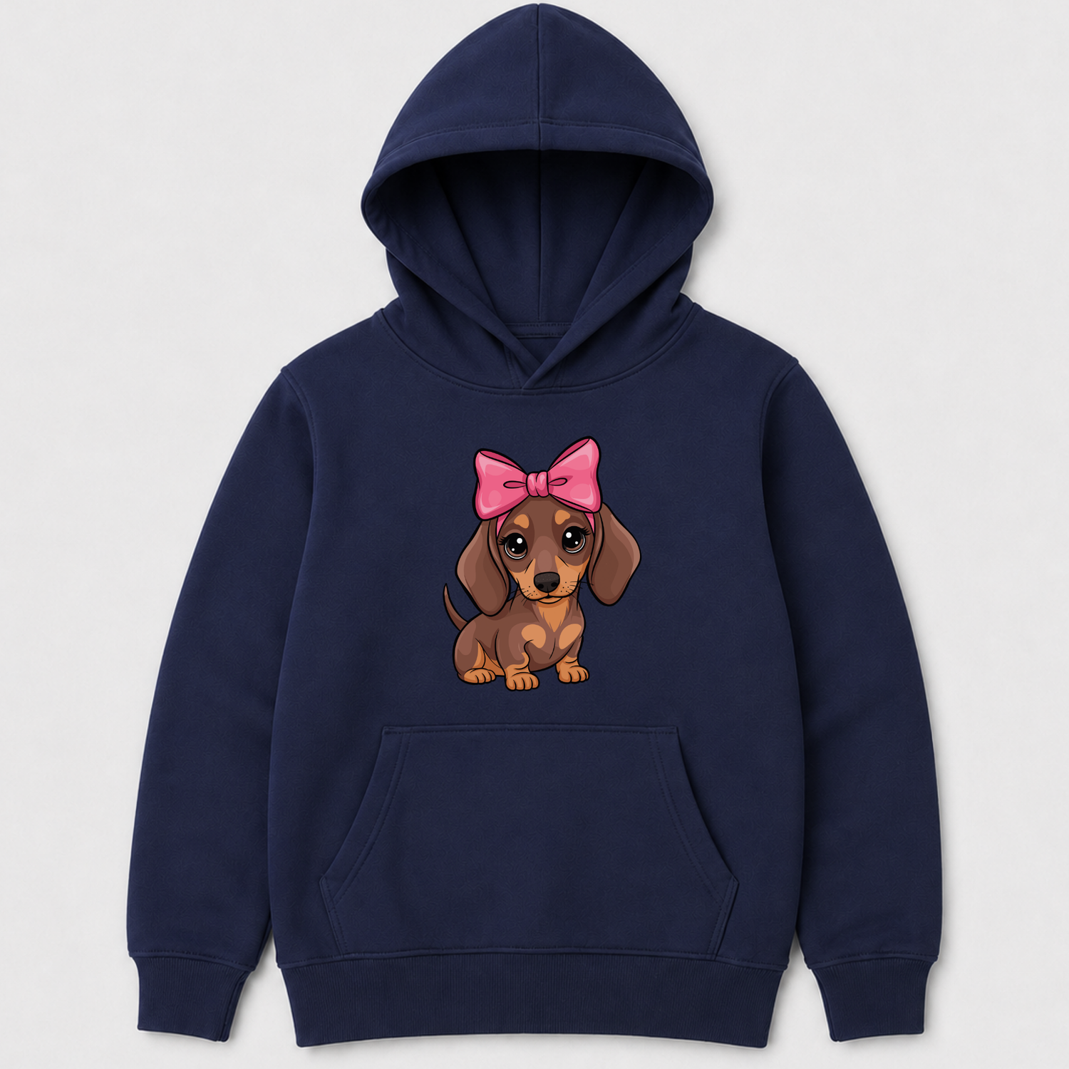 A kids navy blue pullover hoodie featuring a cartoon graphic of a brown dachshund wearing a pink bow on the chest, displayed against a light grey background.