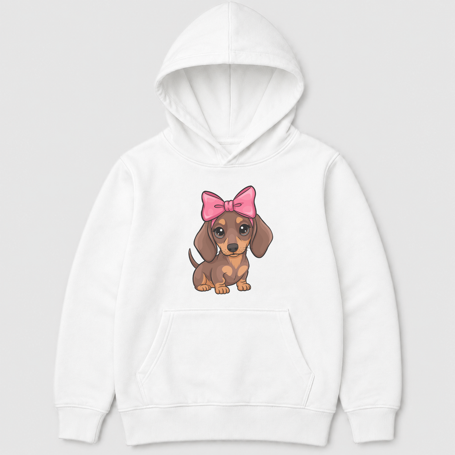 A girls white pullover hoodie featuring a cartoon graphic of a brown dachshund wearing a pink bow on the front, set against a light grey background.