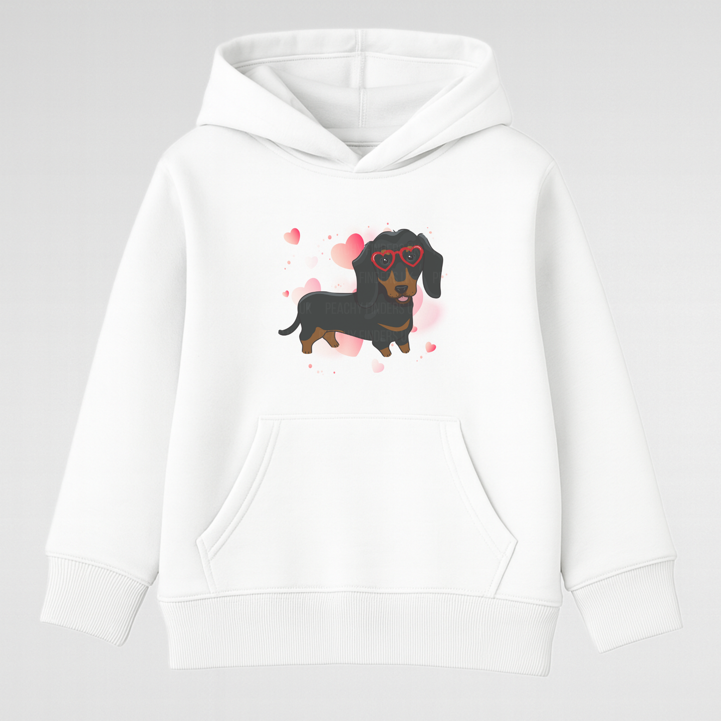Girls white hoodie with cute Dachshund wearing red heart glasses and scattered hearts design.