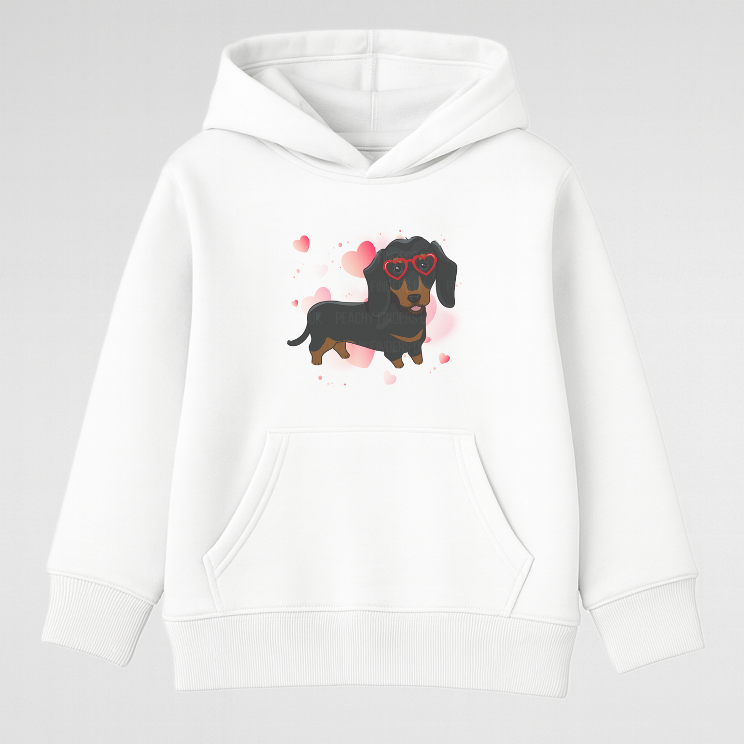 Girls white hoodie with cute Dachshund wearing red heart glasses and scattered hearts design.