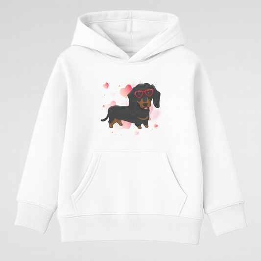 Girls white hoodie with cute Dachshund wearing red heart glasses and scattered hearts design.