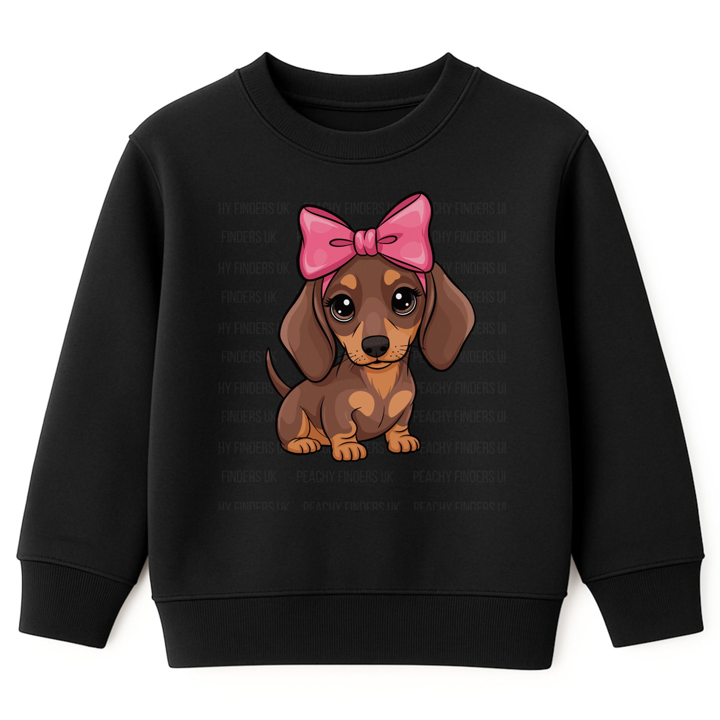 Girls sweatshirt in black with a cartoon dachshund wearing a pink bow graphic.
