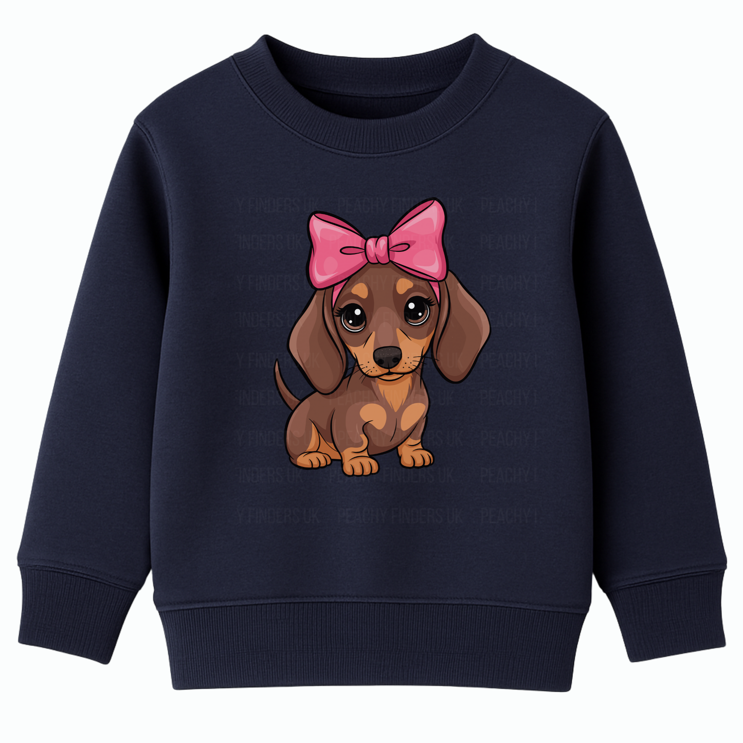 Girls sweatshirt in navy with a cartoon dachshund wearing a pink bow graphic.