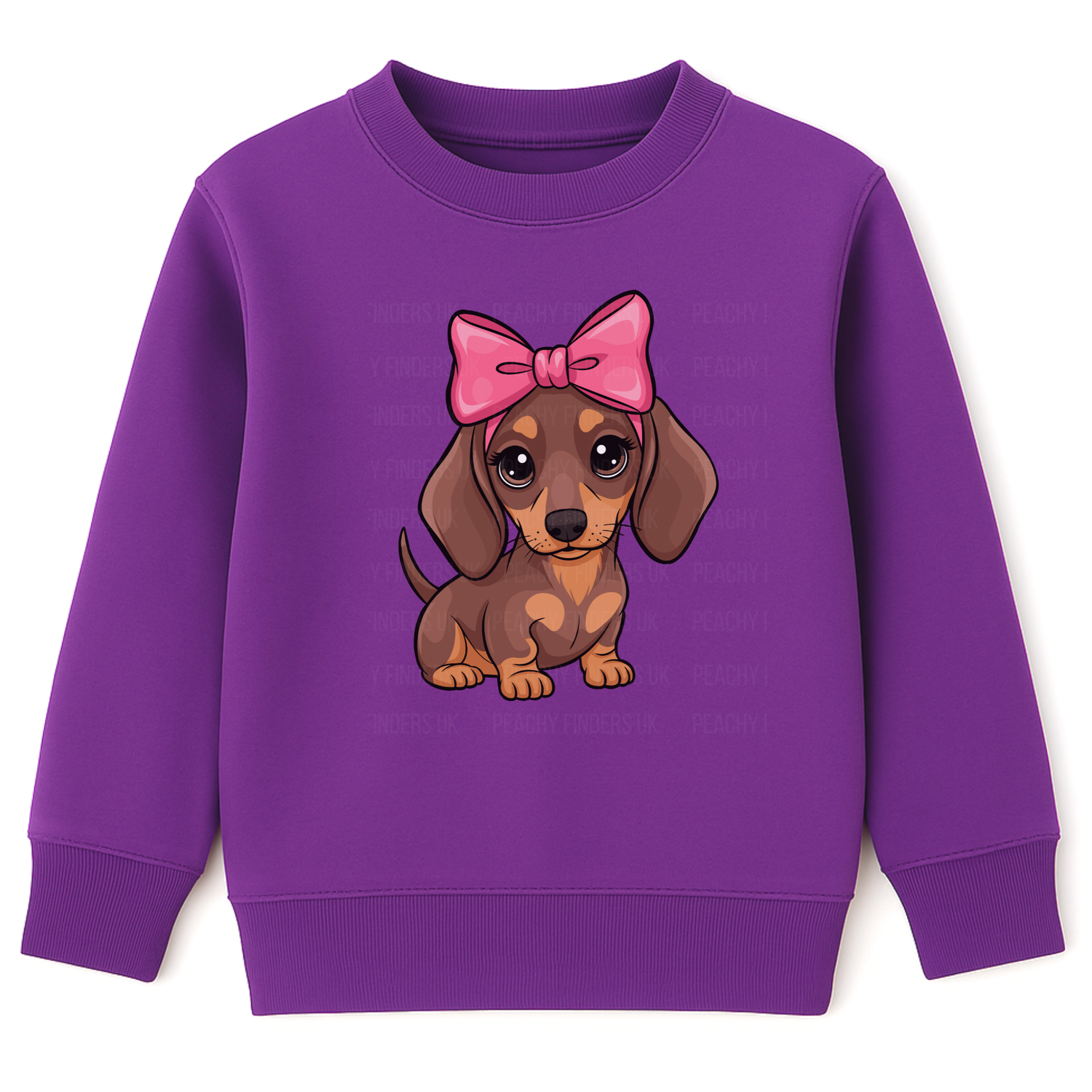 Girls sweatshirt in purple with a cartoon dachshund wearing a pink bow graphic.