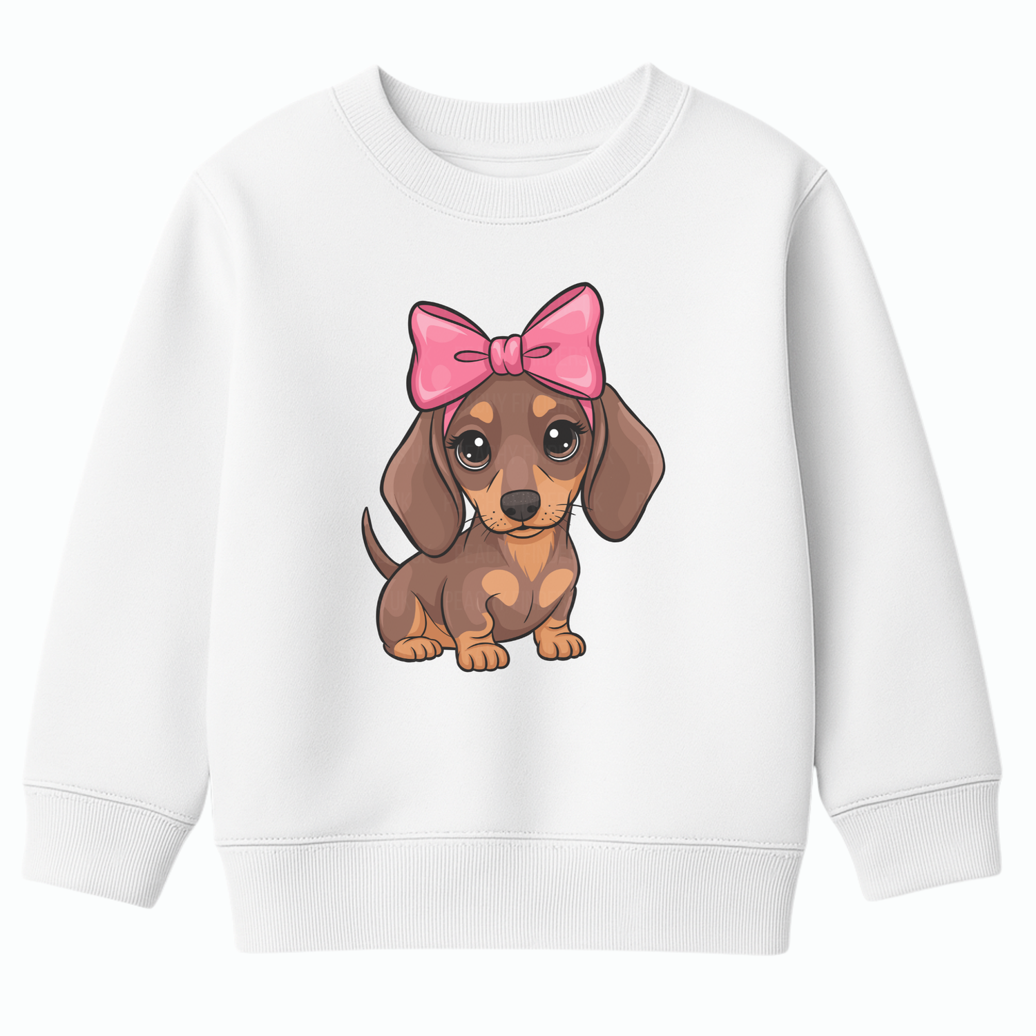 Girls sweatshirt in white with a cartoon dachshund wearing a pink bow graphic.