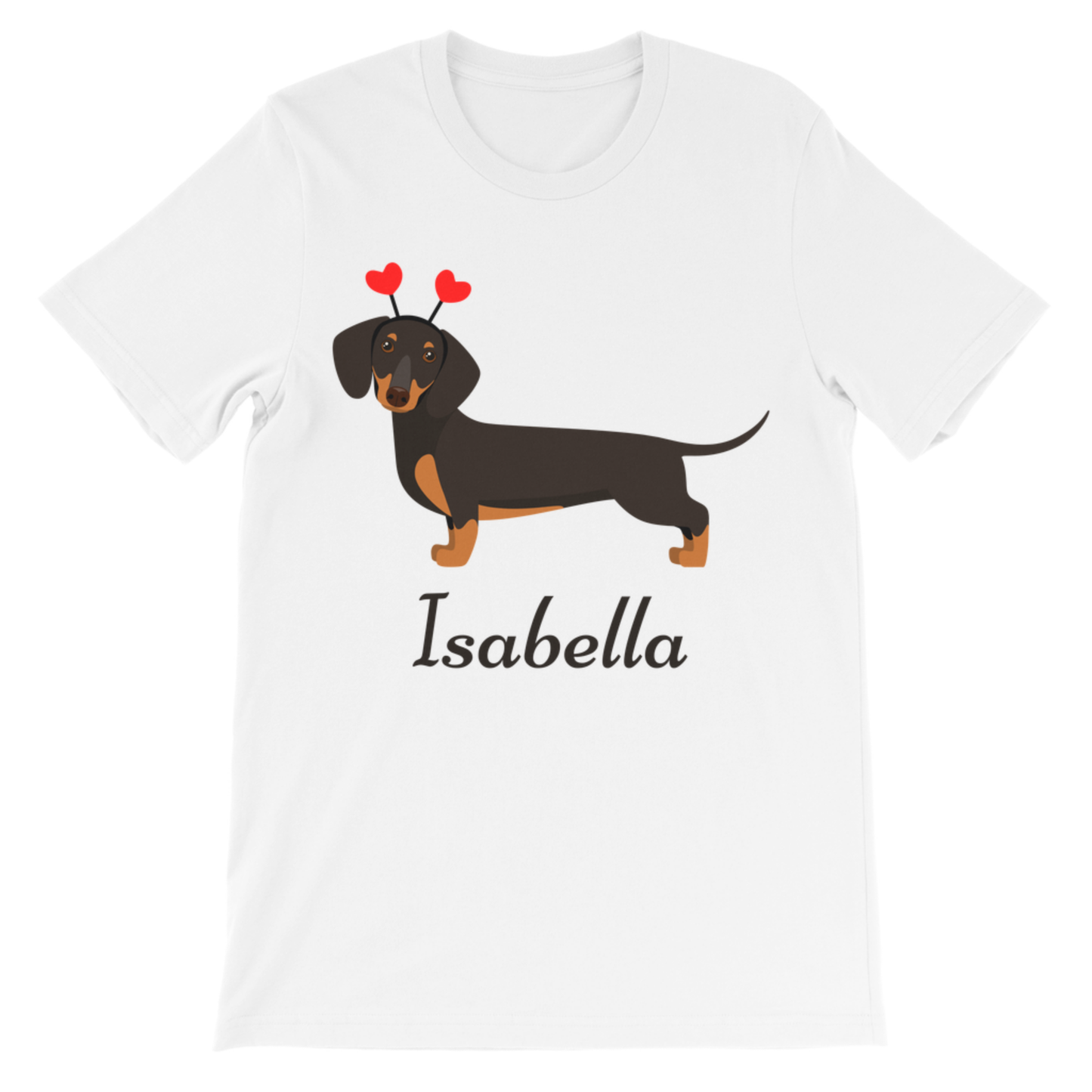 Personalised girls dachshund t-shirt with custom name Isabella and cute sausage dog graphic printed on white kids tee