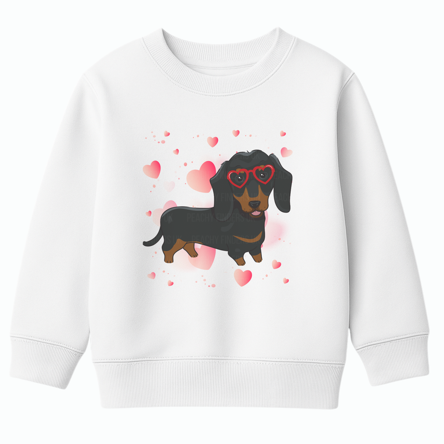 Kids white sweatshirt with a dachshund wearing heart-shaped sunglasses design on a white background